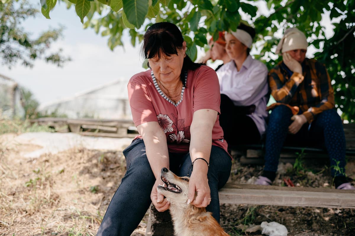 Tatiana plays with one of the dogs in the shade on her farm, taking some relief from the hot sun.