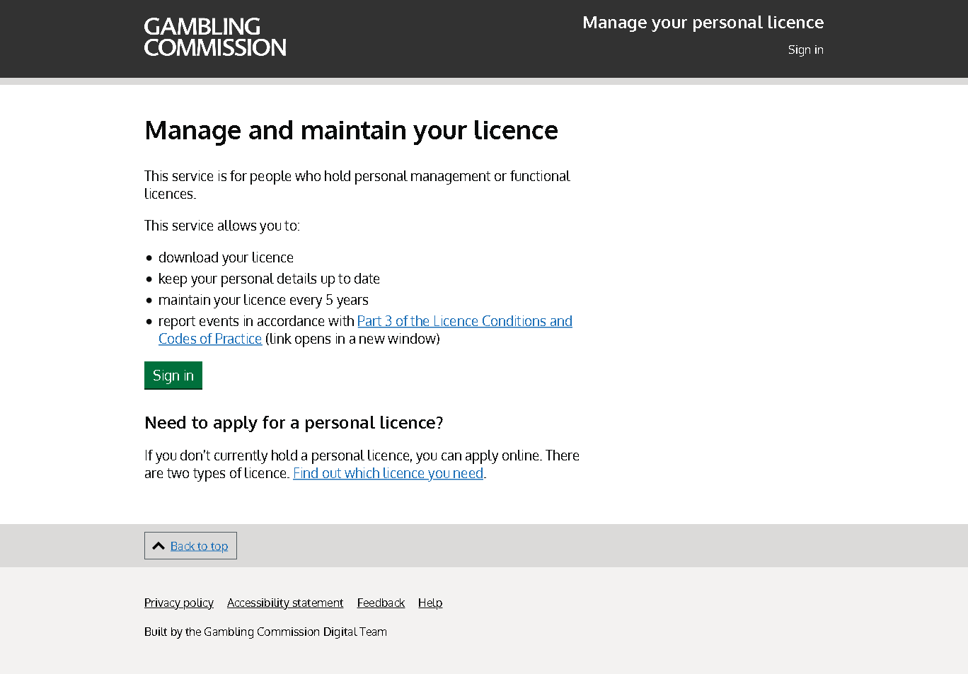 Screenshot of the Manage and Maintain your personal licence service