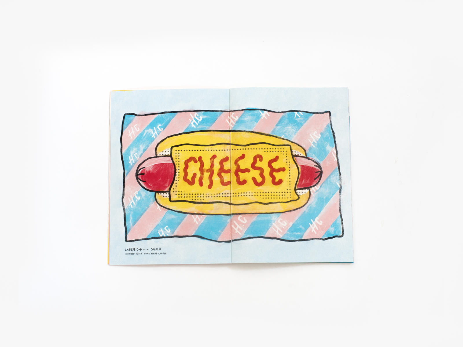 Cheese hot dog graphic with artistic text.