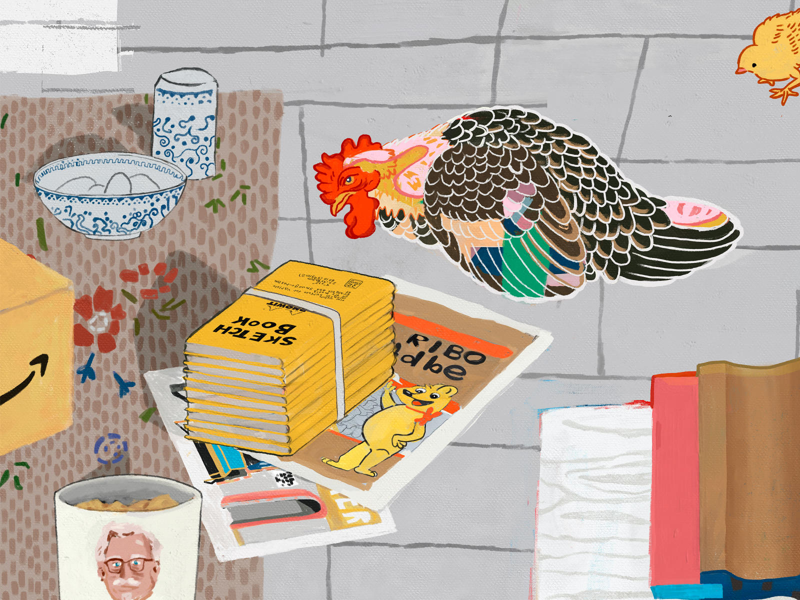 Detail of artwork depicting Howlt art goods and cloned chickens.