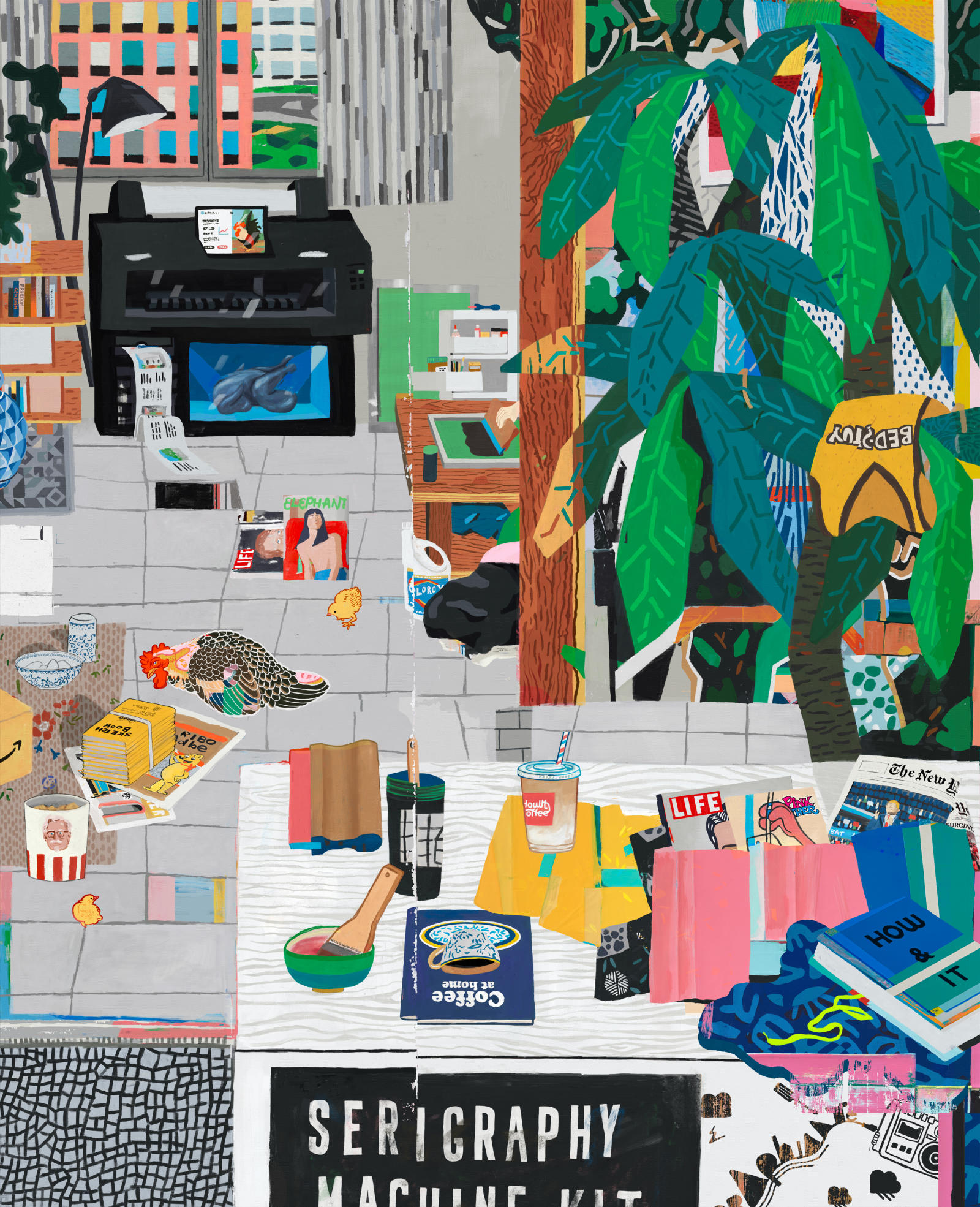 Contemporary art work depicting a room with Howlt advertisements and goods.