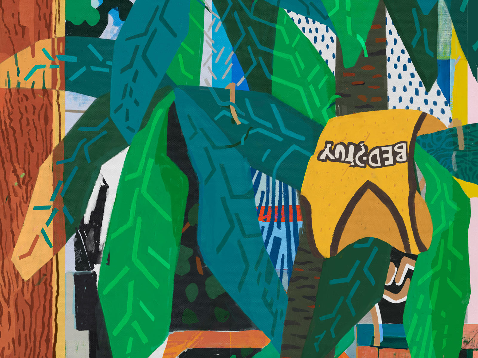 Detail of artwork depicting Brooklyn Nets uniforms and plants.