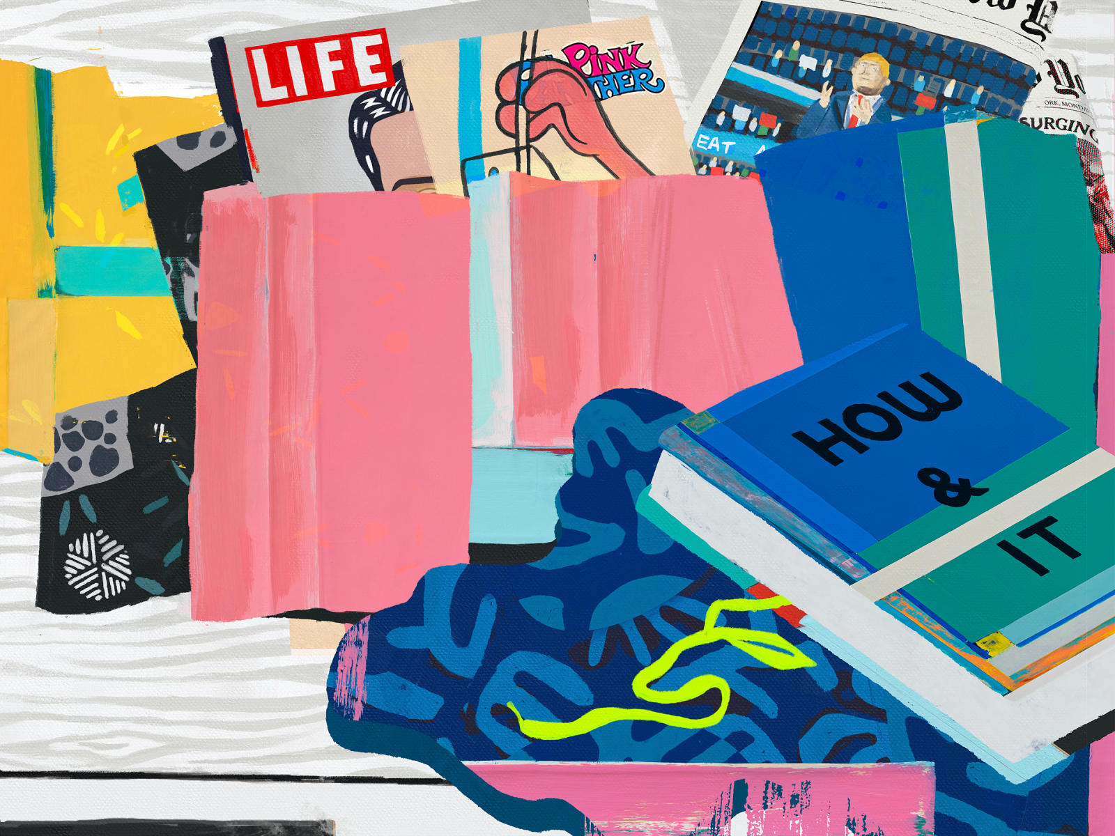 Detail of artwork depicting Life Magazine and Holt's art books.