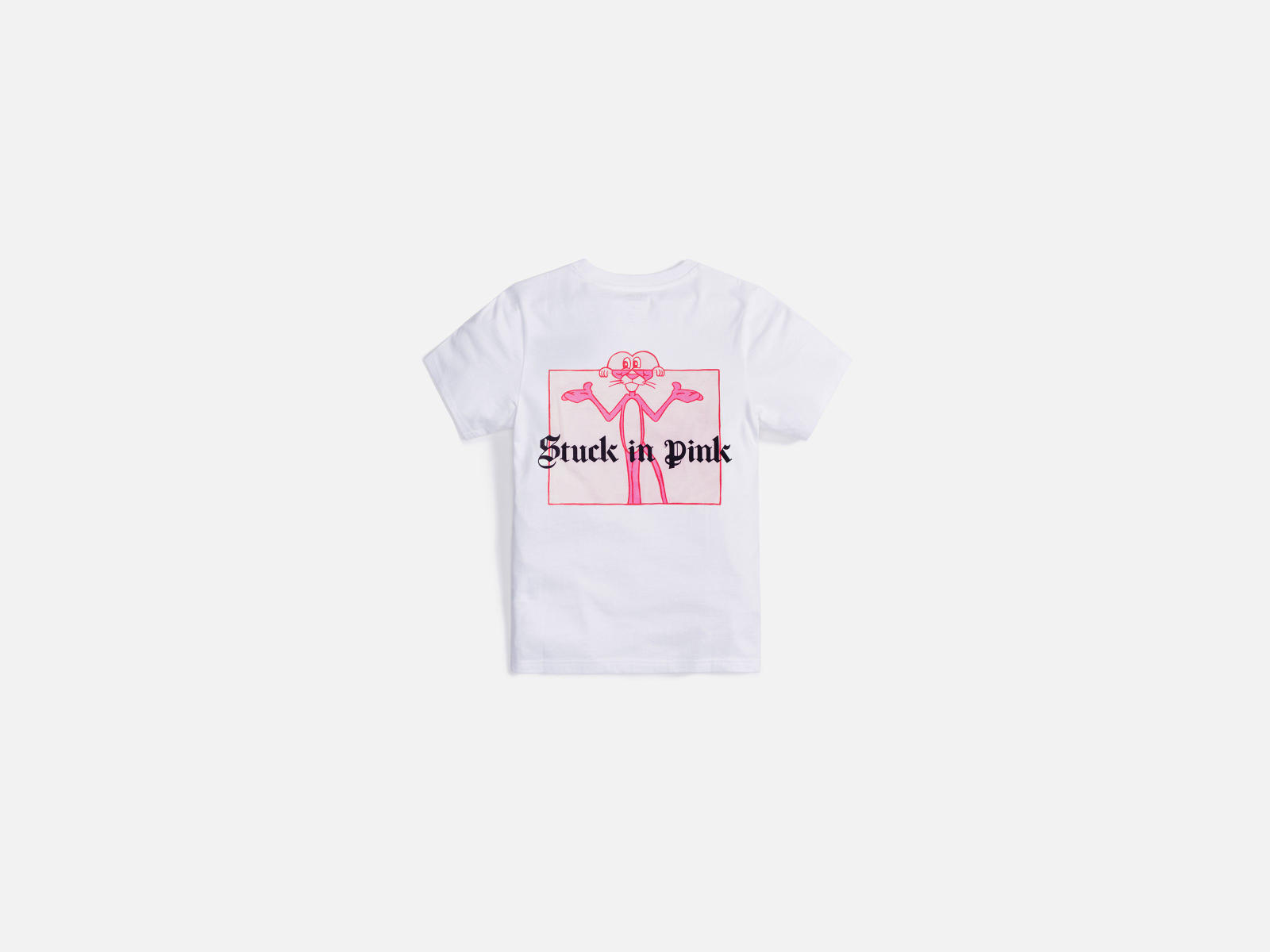 ピンクパンサーのグラフィックをプリントしたStuck in Pink Tシャツの背面　
