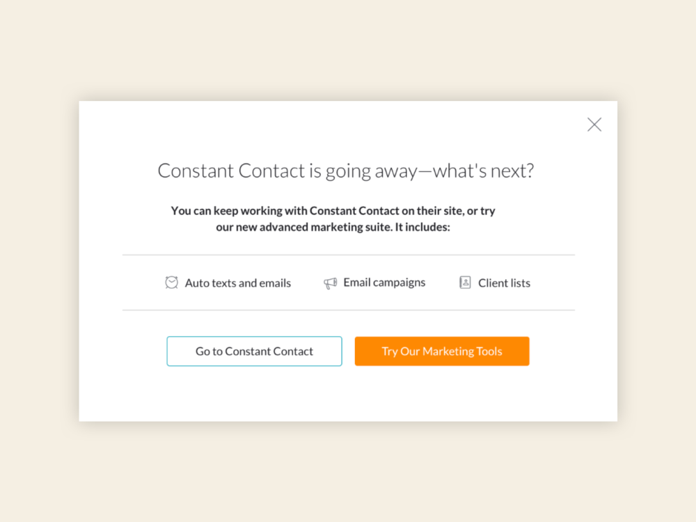 Modal providing messaging about Constant Contact going away