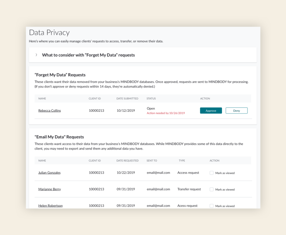 Full workflow for changing data privacy settings