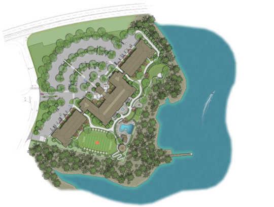 An illustrated site plan for Lakeside Lodge Clemson.