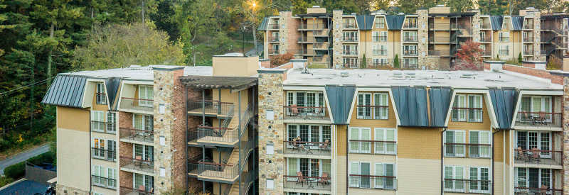 A bird's-eye view of condos and balconies at The Residences at Biltmore.