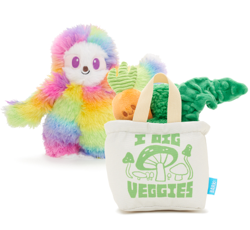 Fuzzy rainbow dog toy and bag of dog toy vegetables