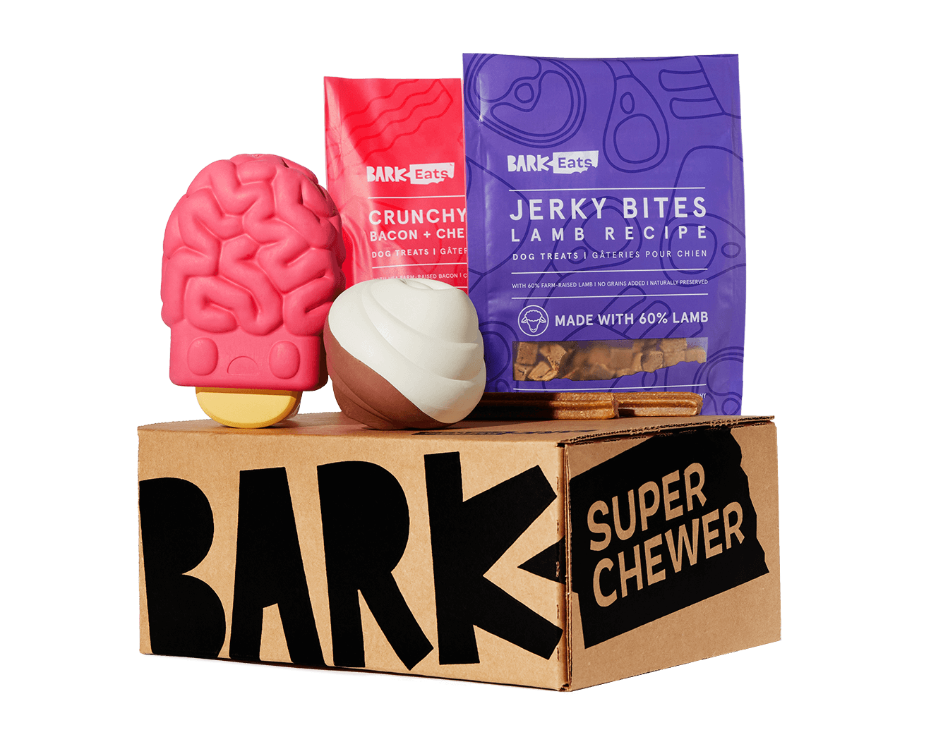 Super Chewer box filled with tough toys and meaty treats