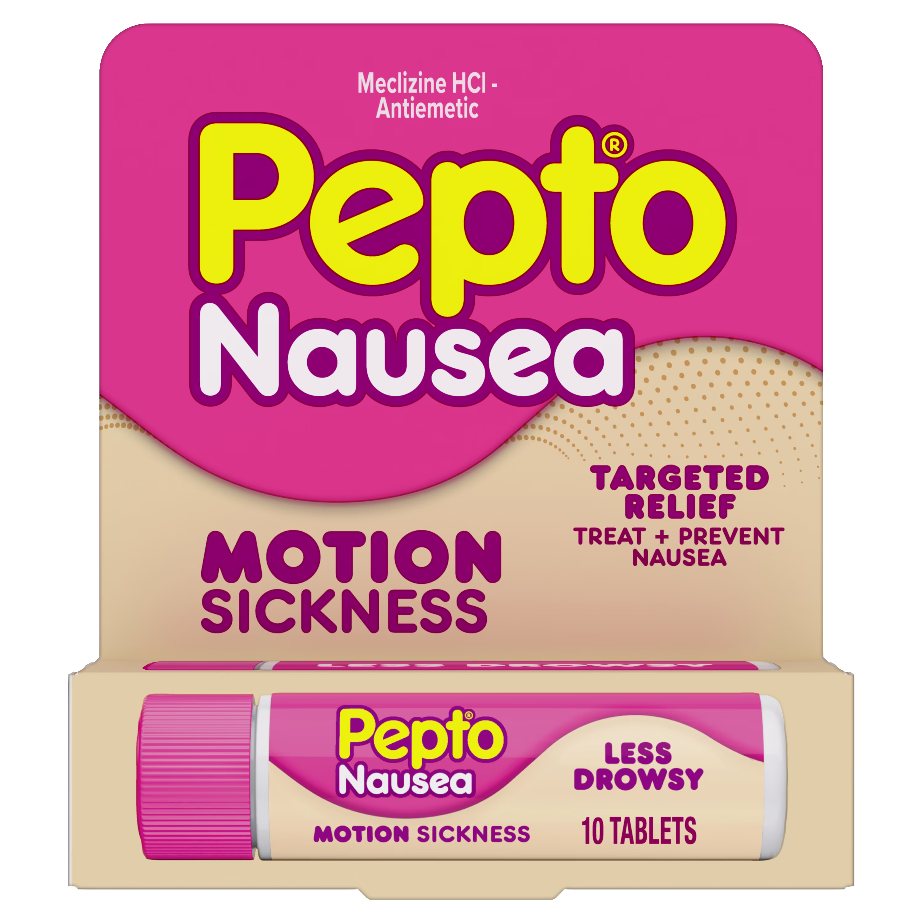 A package of 10 count Pepto Nausea Motion Sickness tablets.