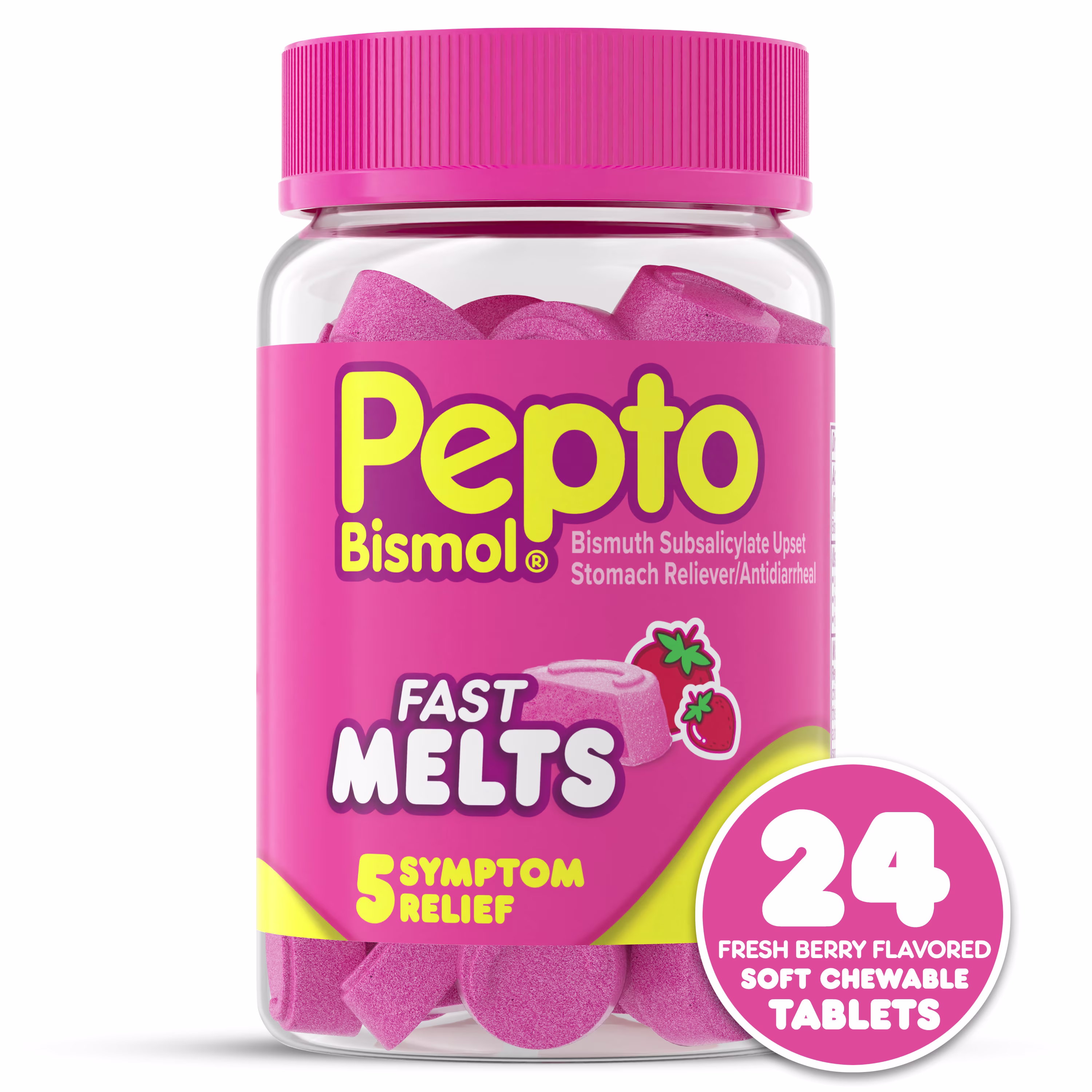A bottle of Pepto Bismol fast melts soft chewable tablets.