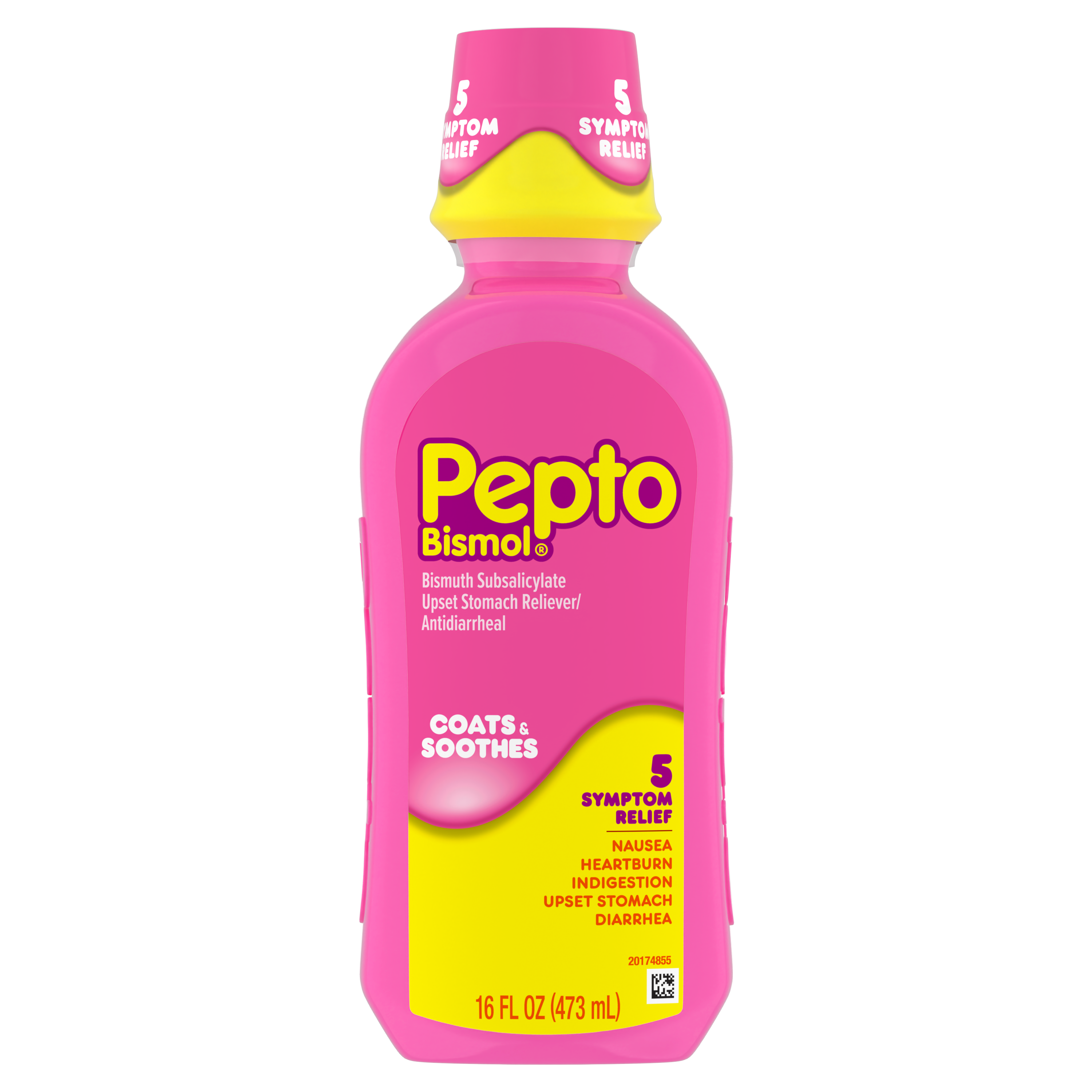 A bottle of Pepto Bismol 5 symptoms relief Liquid.