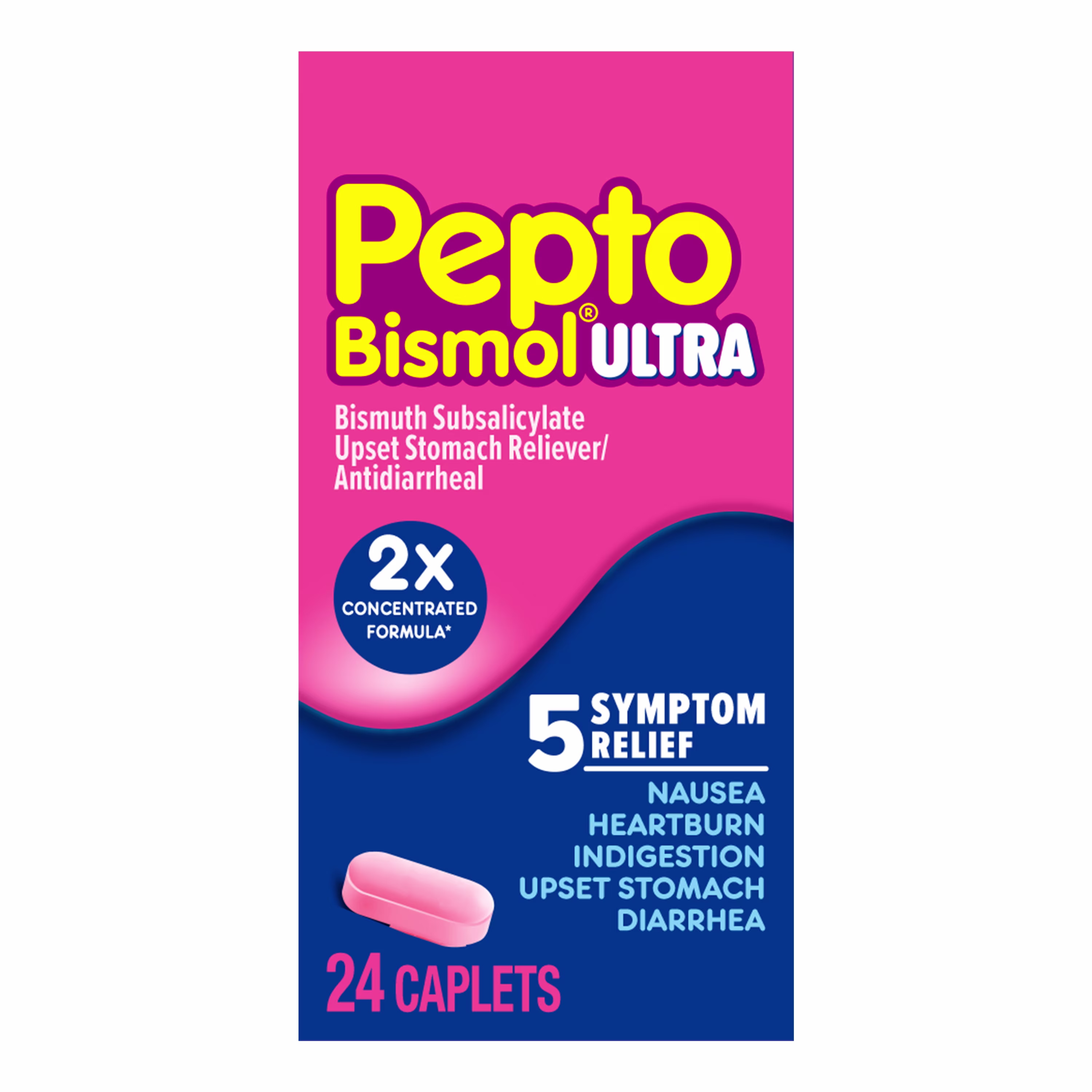 Pepto Bismol Ultra 5 symptoms relief caplets package.