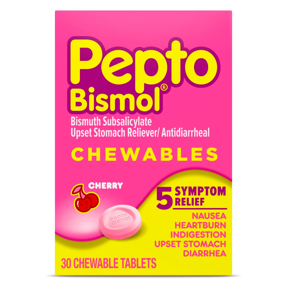 Pepto Bismol 5 symptoms relief chewable tablets cherry flavor.