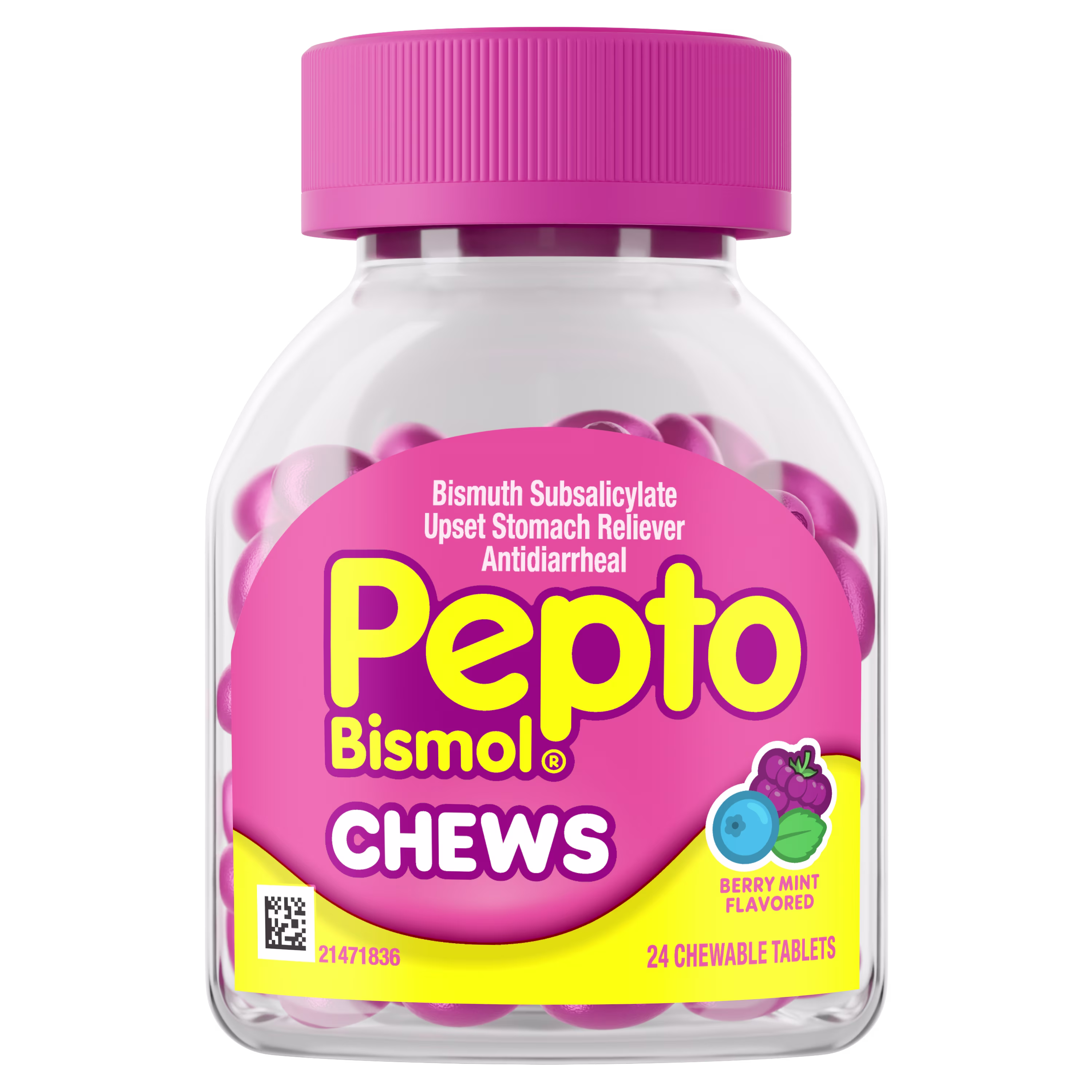 A bottle of Pepto Bismol chewable tablets berry mint flavor.