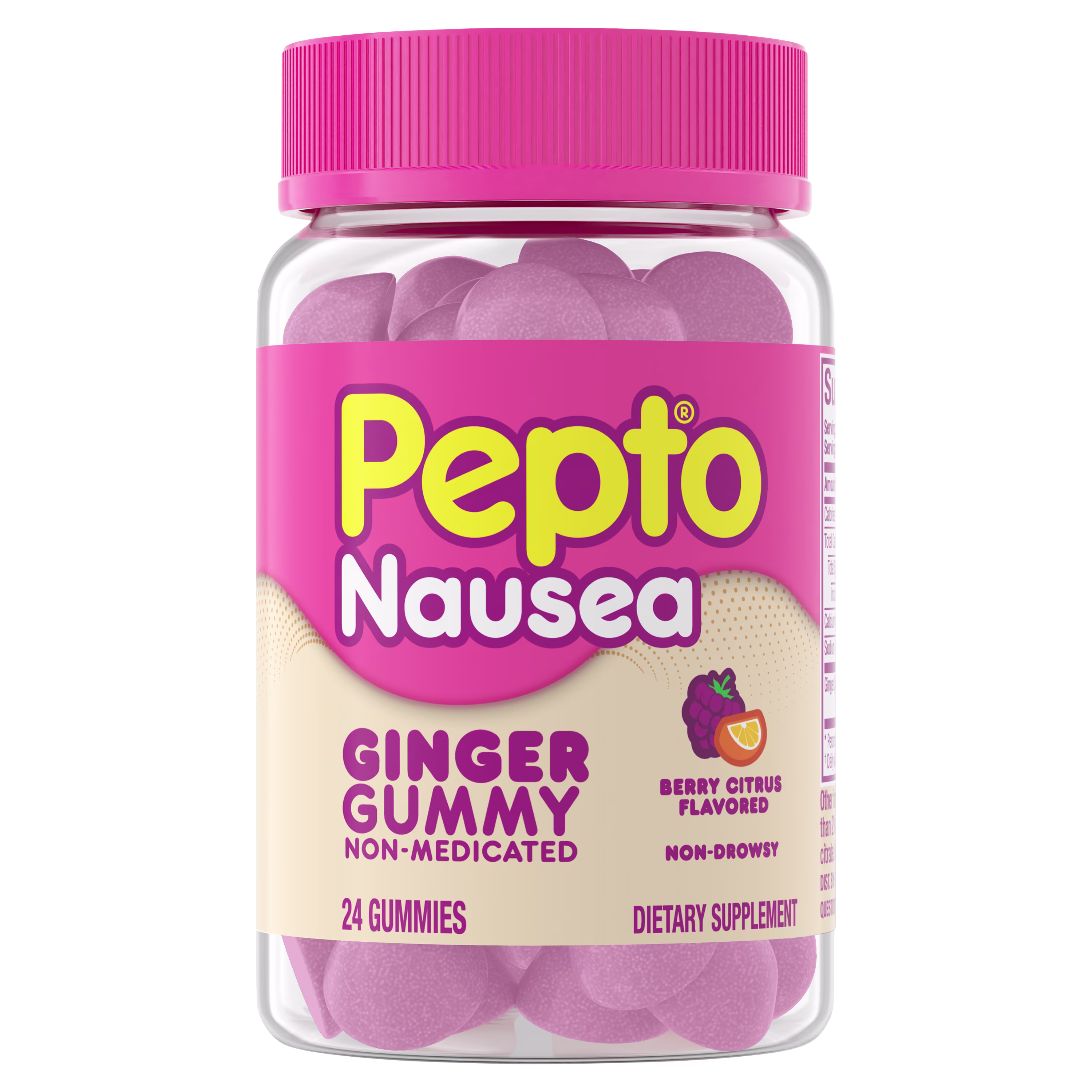 A bottle of 24 count Pepto Nausea Non-Medicated Ginger Gummy, berry flavor.