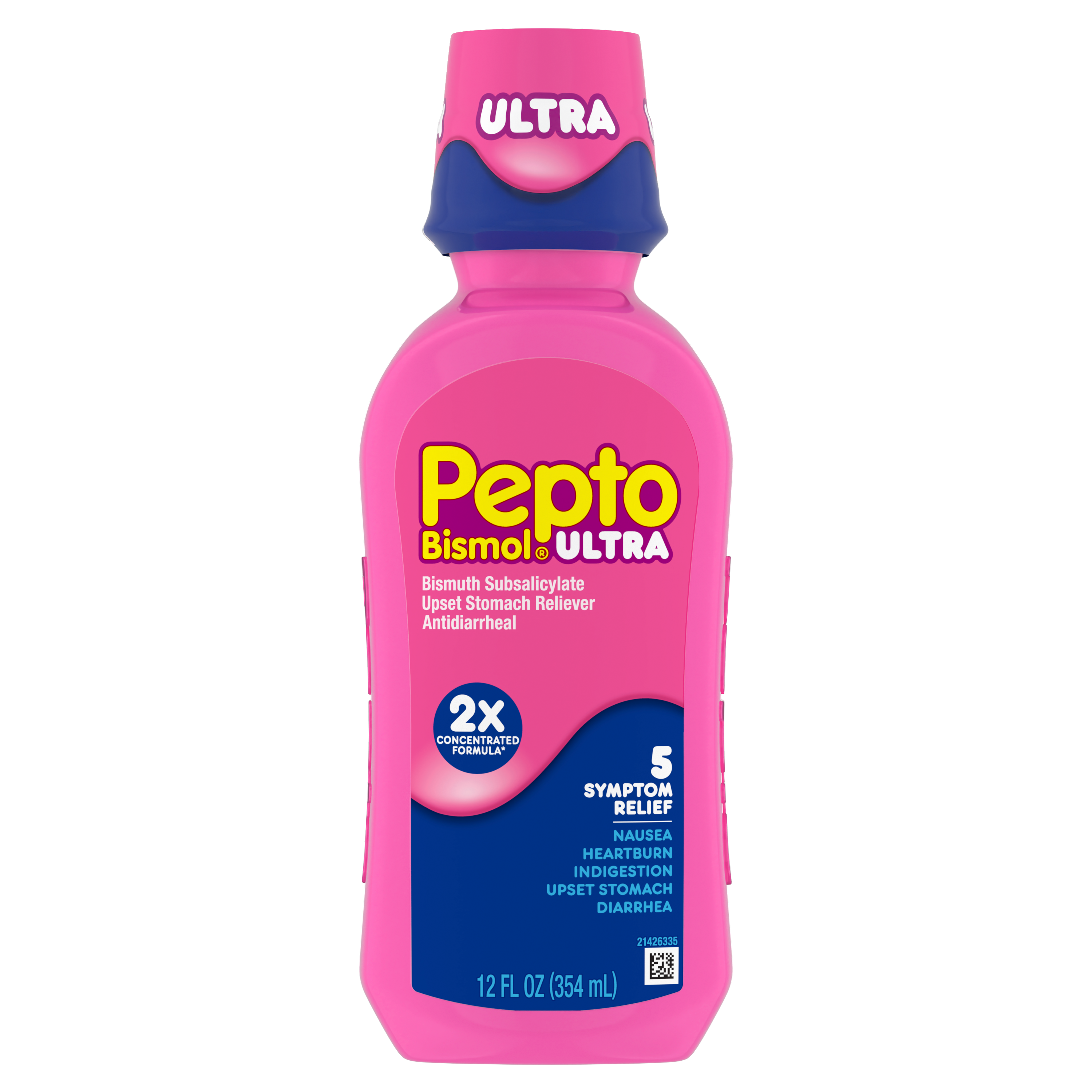 A bottle of Pepto Bismol Ultra 5 symptoms relief Liquid.