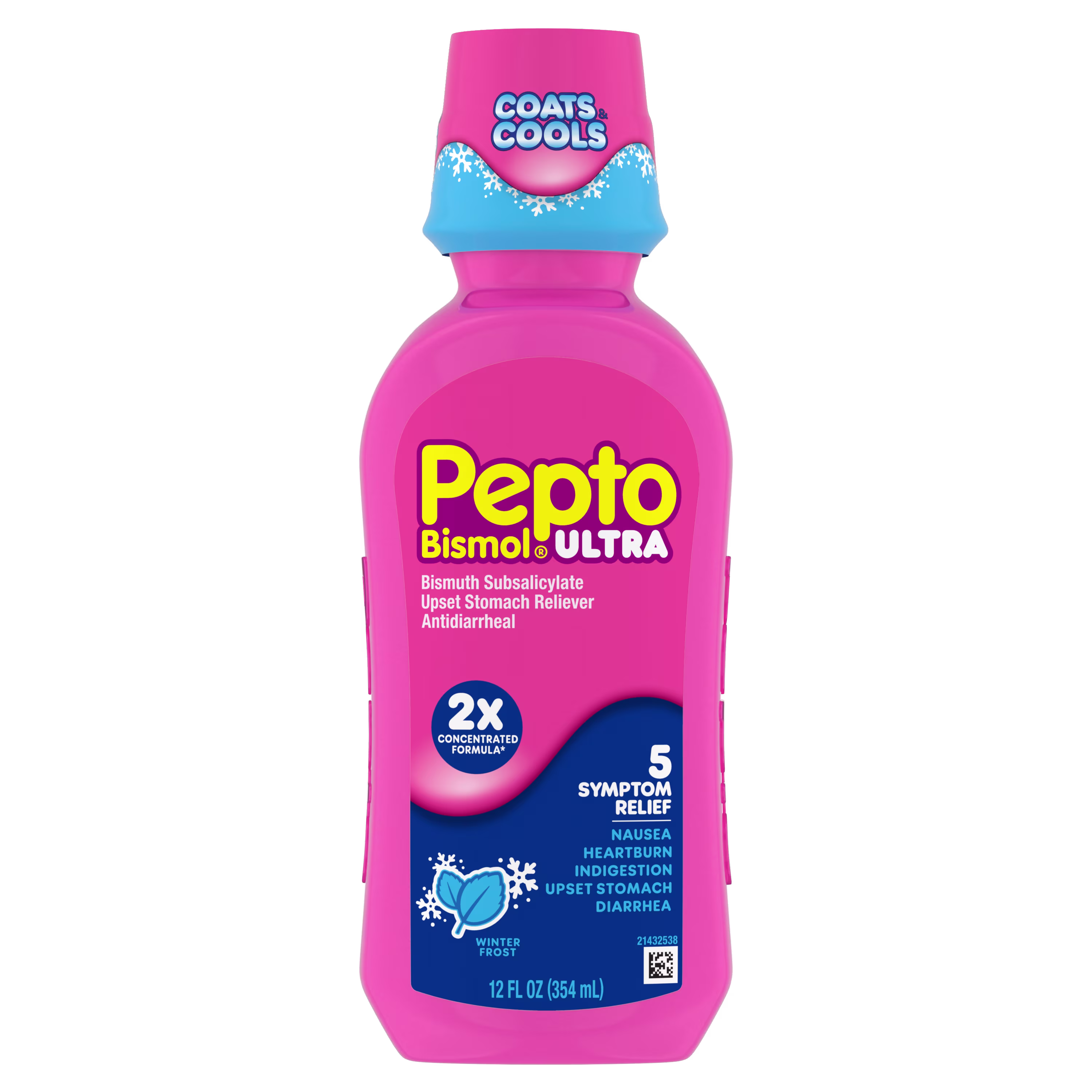 A bottle of Pepto Bismol Ultra 12 fl oz, a pink-colored OTC medication for digestive relief, featuring "2X Concentrated Formula" and "5 Symptom Relief" for nausea, heartburn, indigestion, upset stomach, and diarrhea.