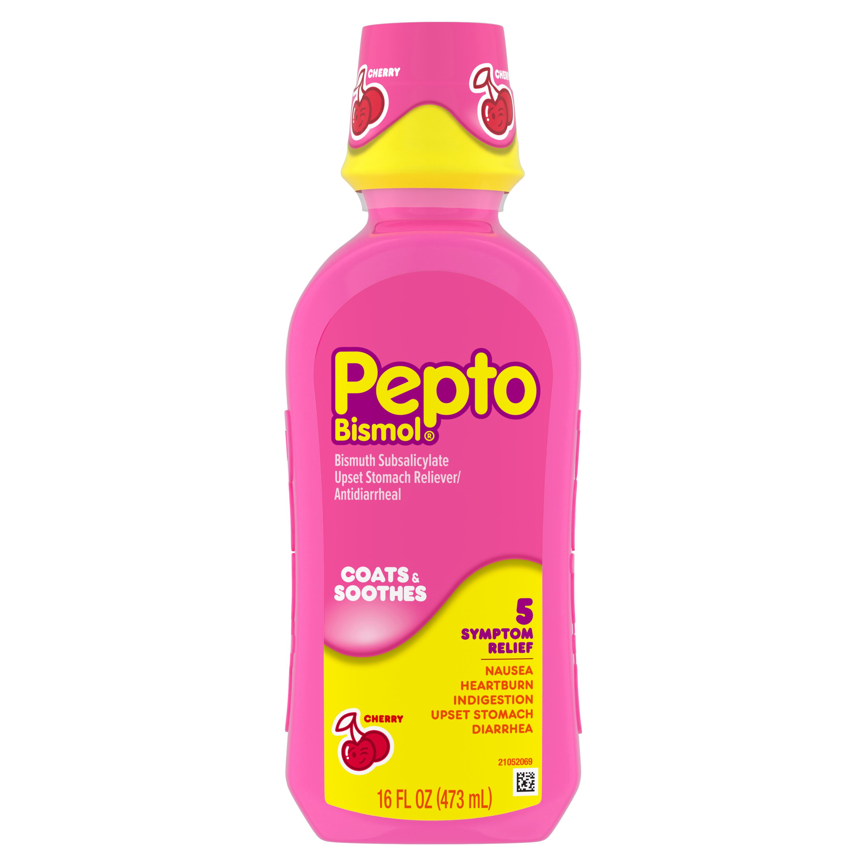 A bottle of Pepto Bismol 5 symptoms relief Liquid cherry flavor.