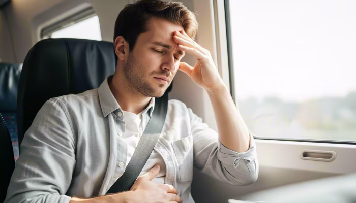 Person looking stressed or tired while traveling on a train, hand on forehead, seated by window.