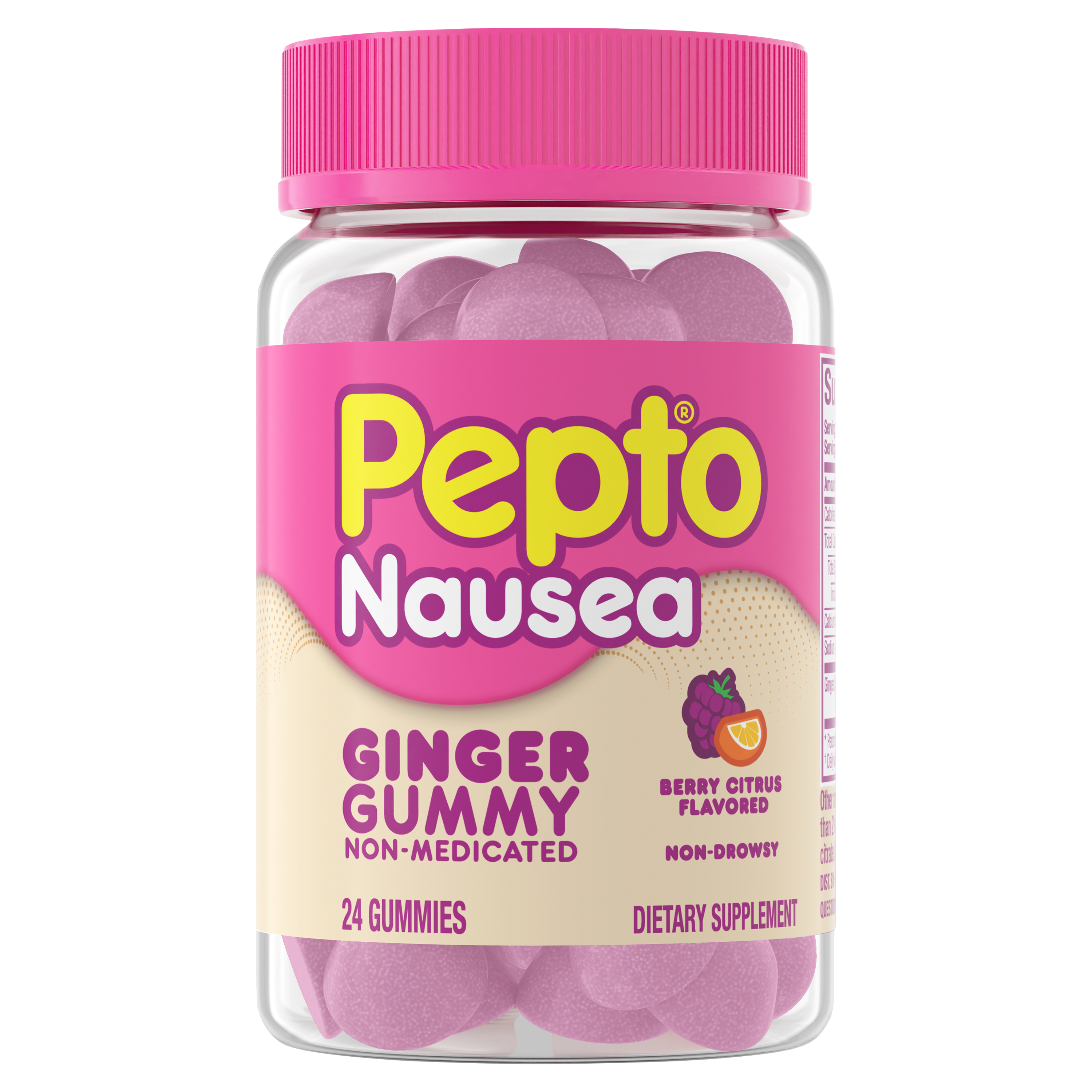 A bottle of 24 count Pepto Nausea Non-Medicated Ginger Gummy, berry flavor.