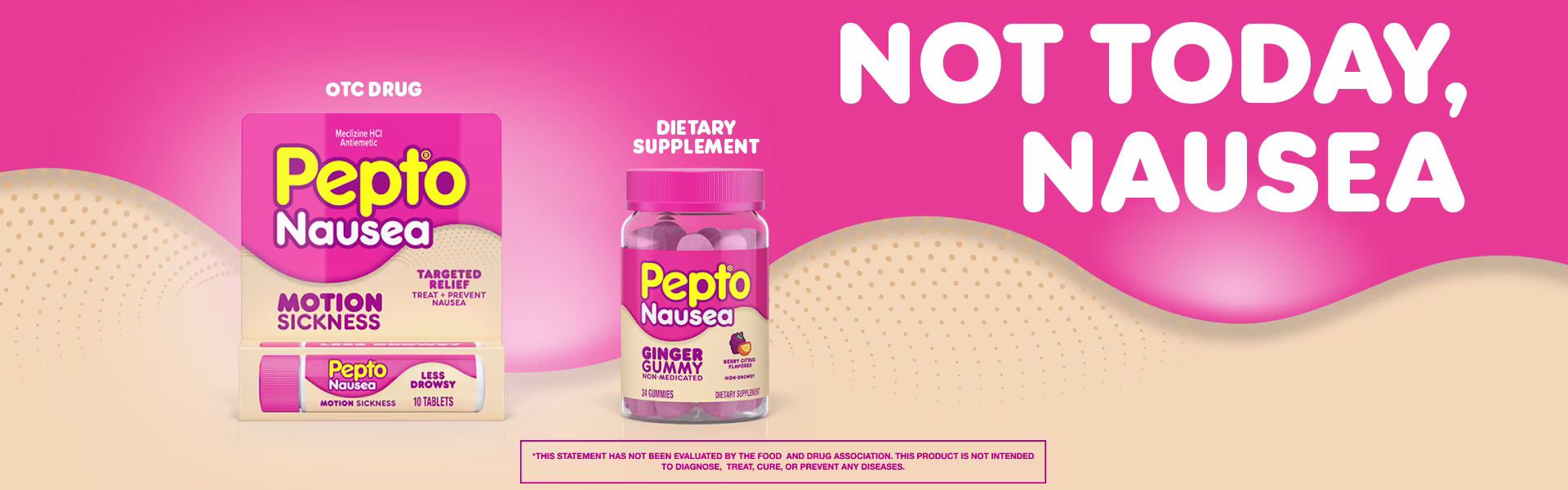 Pepto Nausea products displayed on pink background - OTC drug tablets and ginger gummy dietary supplements for motion sickness.