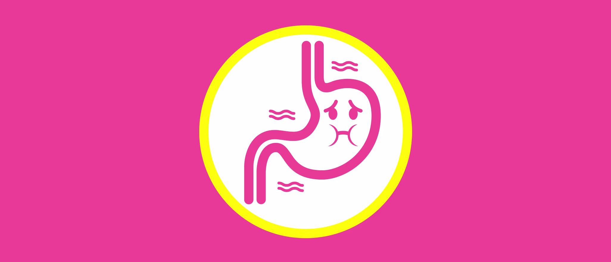Stylized illustration of a stomach with a nauseous expression and wavy lines around it.