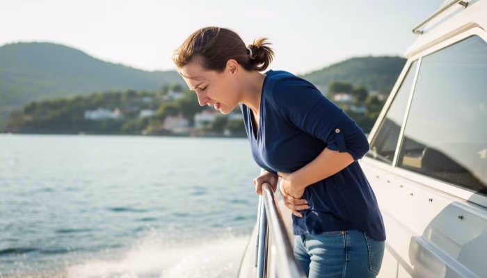 Person in navy blue top leaning over boat railing, looking at water with mountains and coastline in background.
