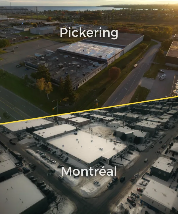 HUBS-CA - Hubbell in Canada - Image Split image showing Hubbell manufacturing facilities in Pickering and Montreal