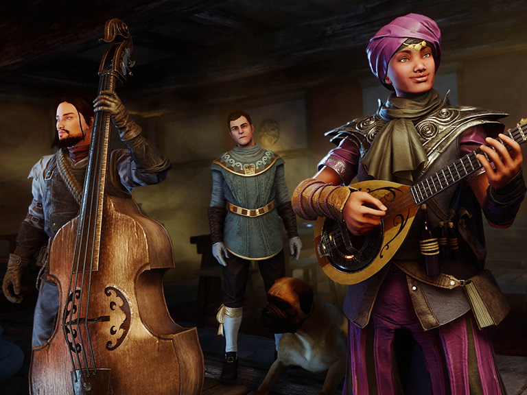 Rima Bahar plays a Lute inside a tavern with a few Adventurers that have other instruments like a Cello.