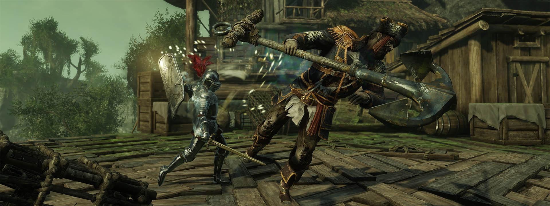 Uno screenshot raffigurante un personaggio che brandisce il nuovo scudo a torre in combattimento.