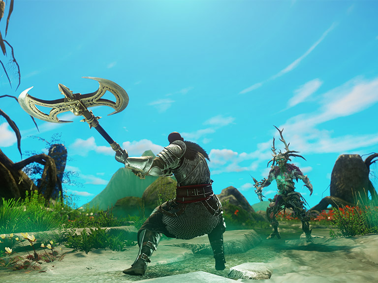 Una captura de pantalla donde aparece un jugador blandiendo la nueva hacha grande en combate.