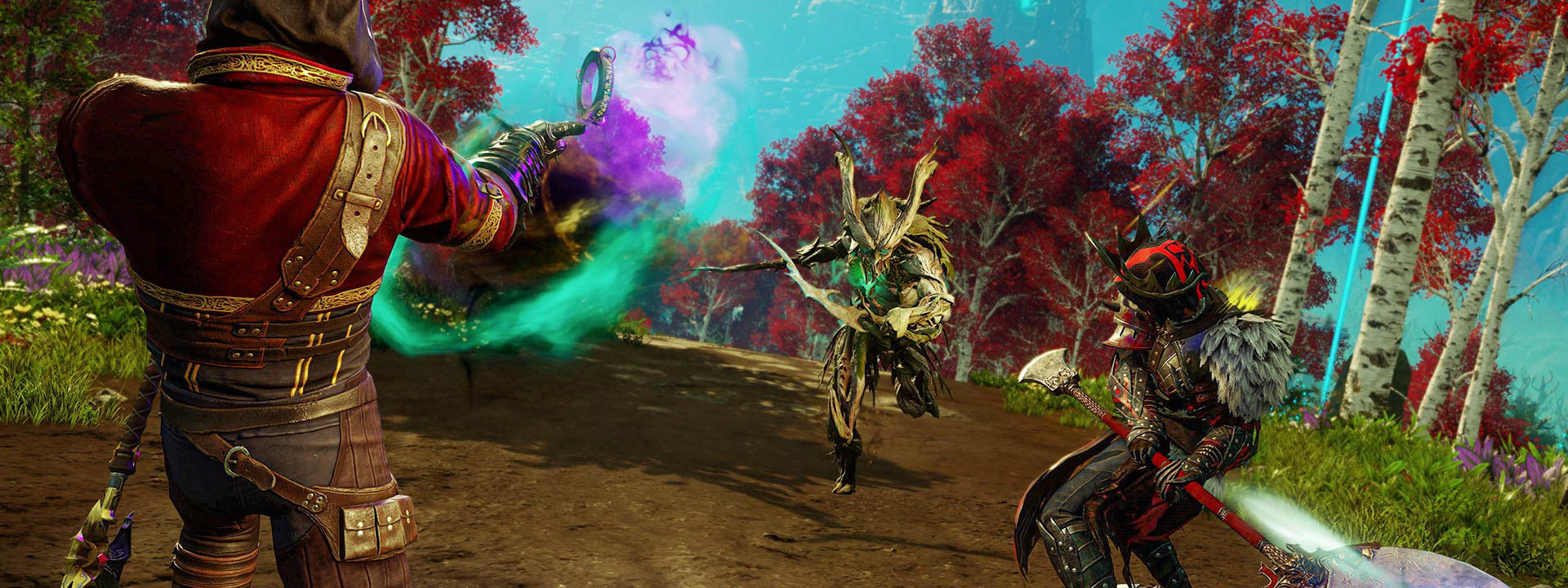 Three characters battle, the one on the left is shooting green and purple mist toward the one in the middle which who is running toward with a sword drawn, the third is standing ready with his weapon
