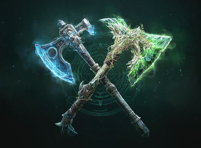 Dois machados cruzados em X, um com o brilho verde e o outro com brilho azul.