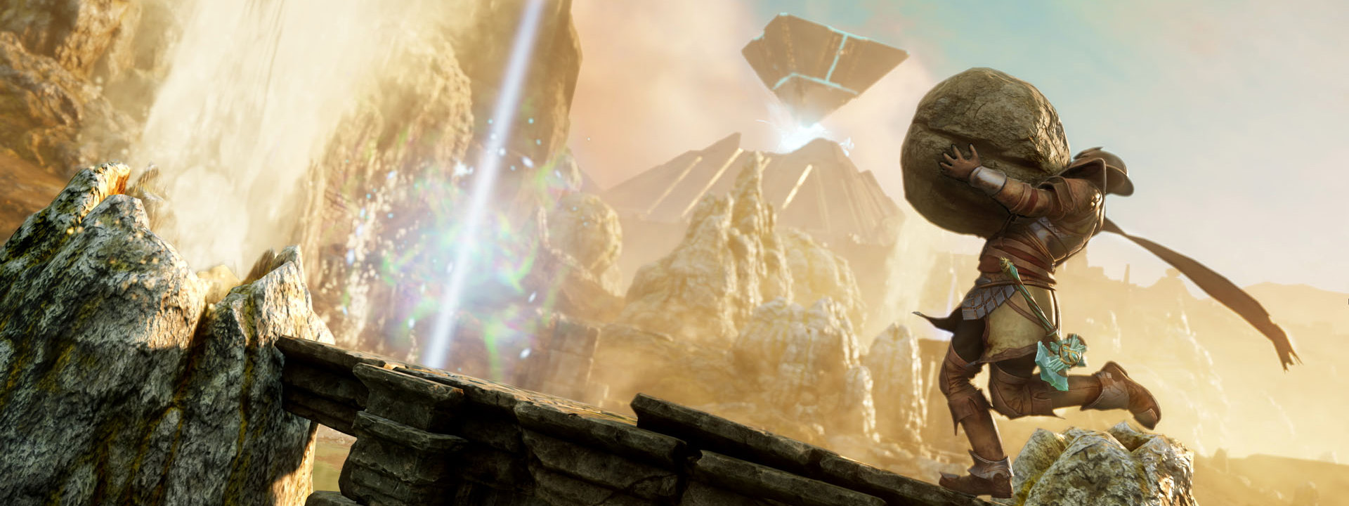 An Adventurer wearing desert clothing carries a rock up a hill in front of the Ennead in Brimstone Sands.