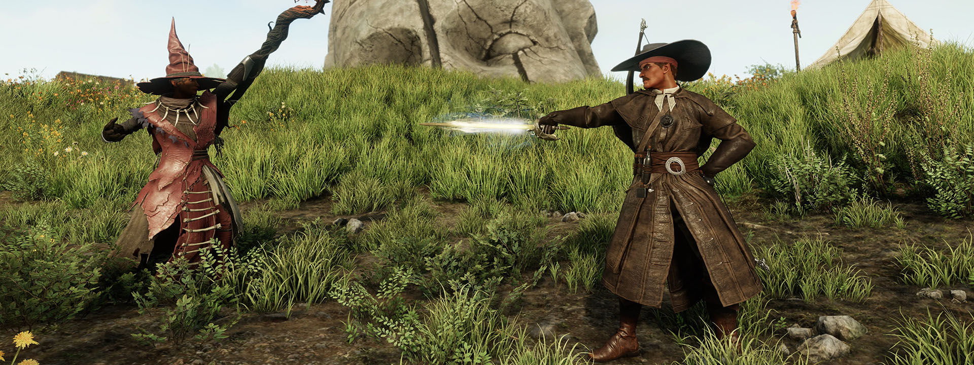 A man in a long leather trench coat stands ready to duel, one hand tucked behind his back and the other holding out a rapier pointed at an adversary. 
