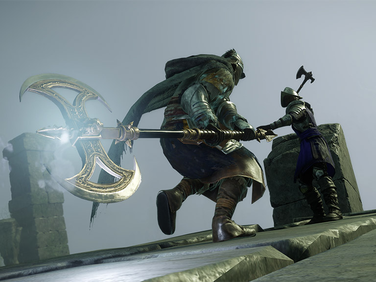 Zrzut ekranu dwóch walczących postaci z New World.