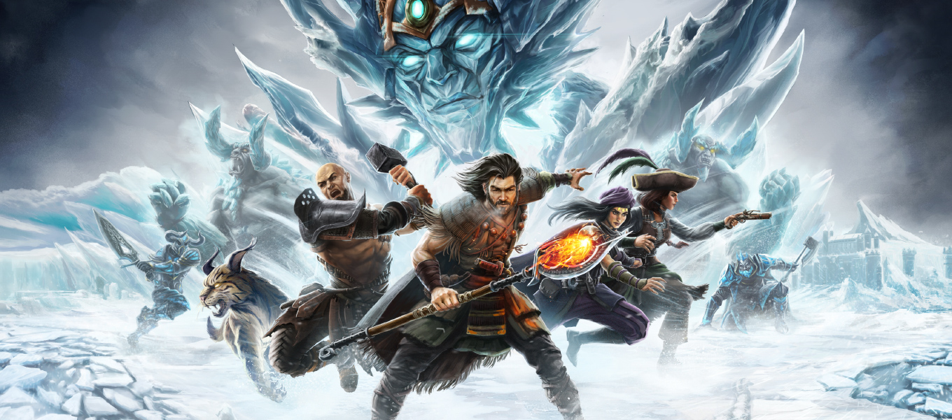 Arte principal da Eternal Frost com o logotipo da temporada, personagens e cenário de inverno.
