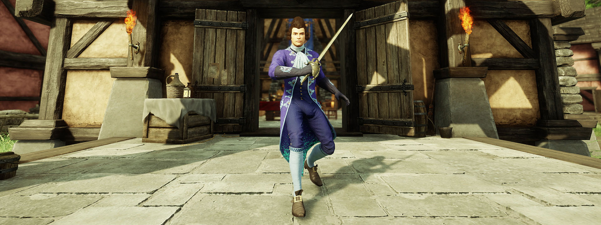 A screenshot of a man in fancy purple Regency-era clothes walking out of a building and holding his rapier up as if en garde.
