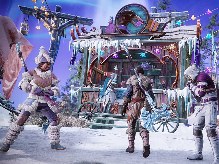 Two Adventurers laugh while a third with a Great Axe walks toward a stall in a winter village.