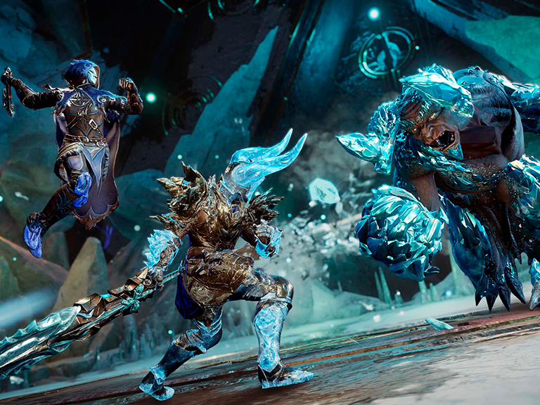 Adventurers battle icy foes with various weapons in the Glacial Tarn Expedition.
