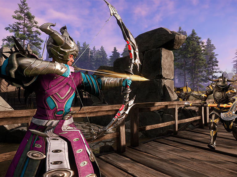 A Varangian knight stands with a horned helmet, in a magenta and teal armor holds their bow and arrow at the ready