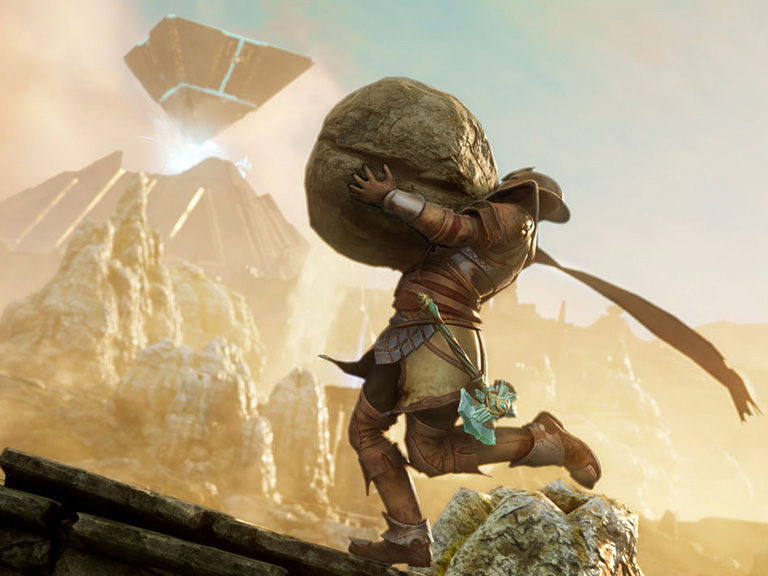 An Adventurer wearing desert clothing carries a rock up a hill in front of the Ennead in Brimstone Sands.