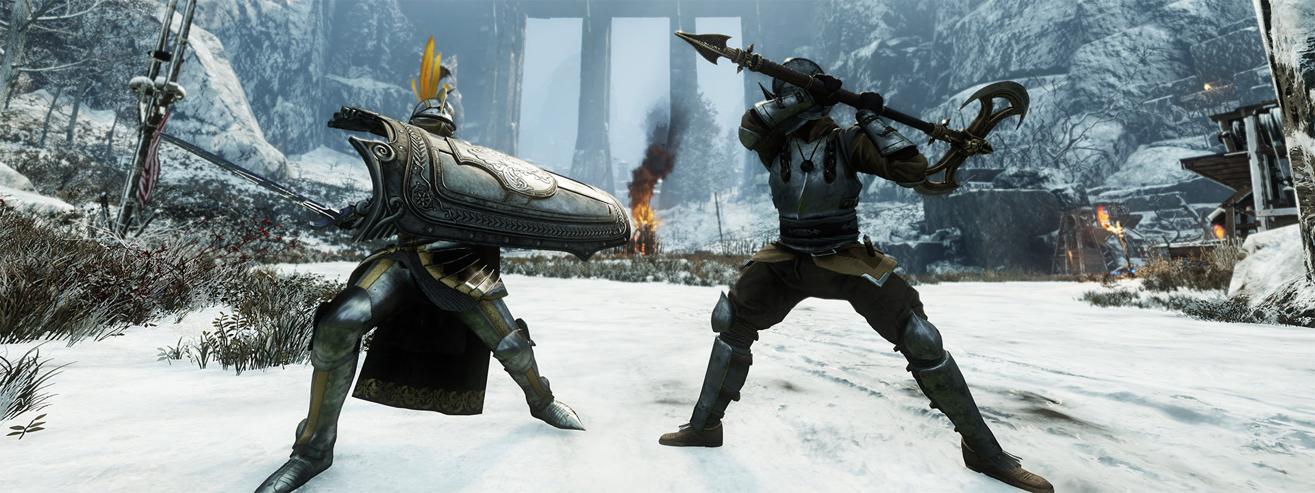 Una captura de pantalla de dos personajes de New World luchando.
