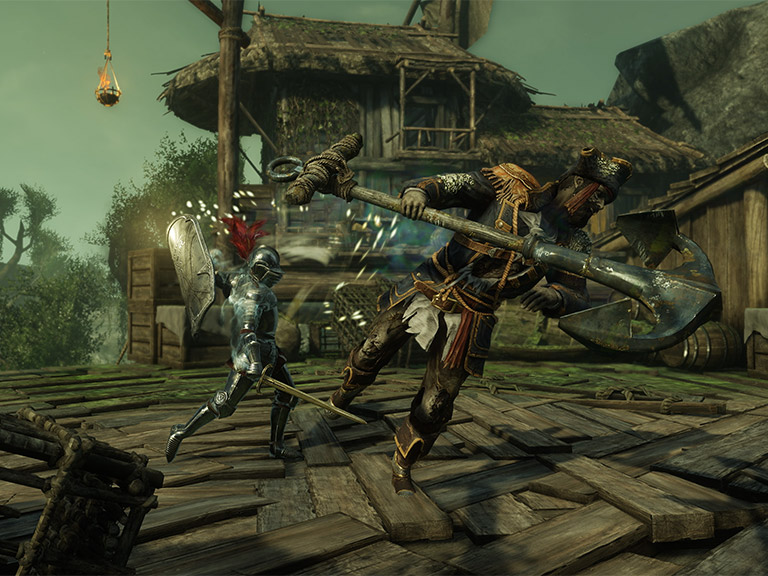 A screenshot showing a player character wielding the new tower shield in combat.