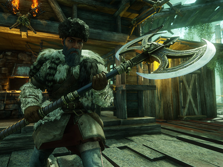 A screenshot showing a close-up of a player wielding the new Great Axe. 