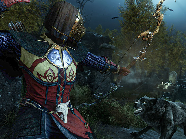 An image showing a fight during moonlight. A character stands having just released their bow and arrow at a wolf they're fighting