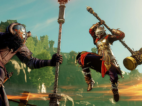 Une image de deux joueurs en combat JcJ. L’un d’eux tient un bâton brillant, l’autre vole dans les airs, armé d’un grand marteau double.