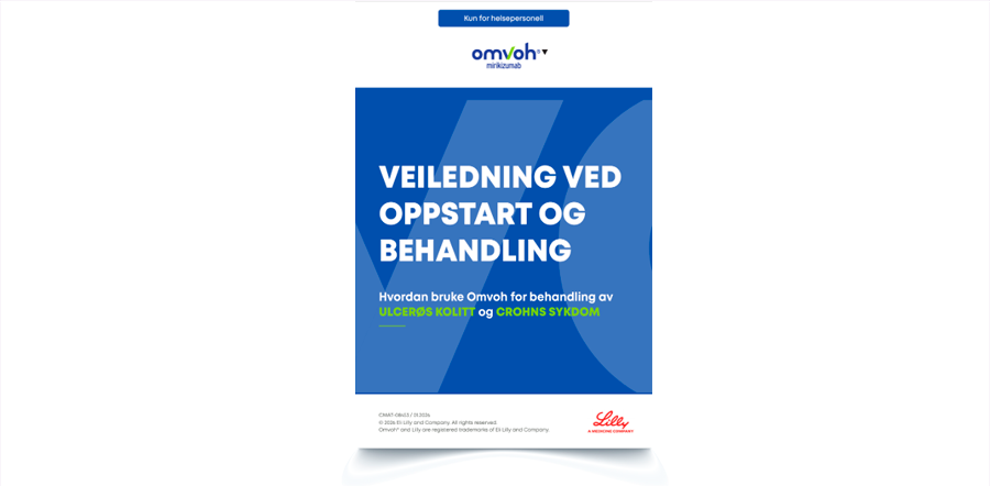 Forside av veiledning for helsepersonell om oppstart og behandling med Omvoh, inkludert bruk ved ulcerøs kolitt og Crohns sykdom, merket med «Nå godkjent for CD